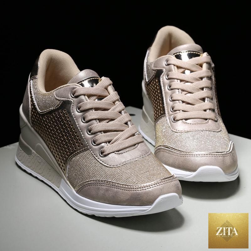 Women’s Stevvex Gold Silver walking and jogging sneakers with height-increasing design, lightweight, casual, and comfortable for everyday wear.