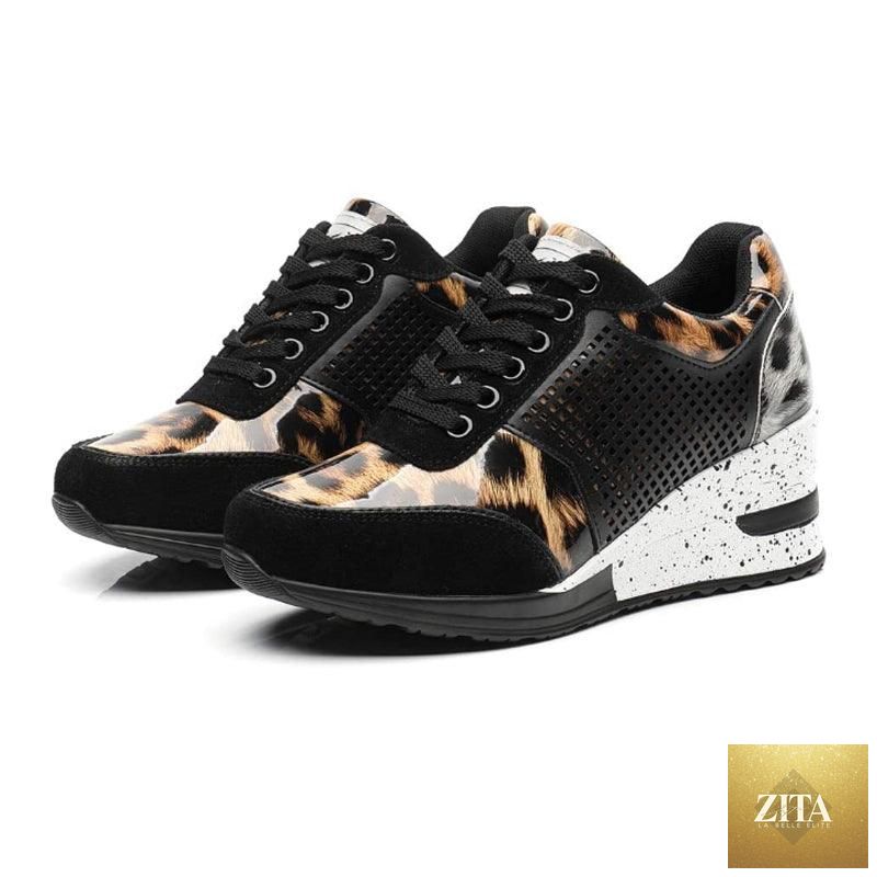 Women’s gold and silver Stevvex walking and jogging sneakers with height-increasing design, lightweight, comfortable for casual or running use.
