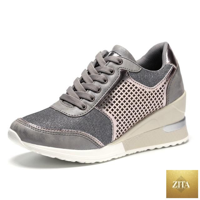 Women’s lightweight Stevvex gold and silver walking jogging sneakers with height-increasing, comfortable design for casual and sport use.
