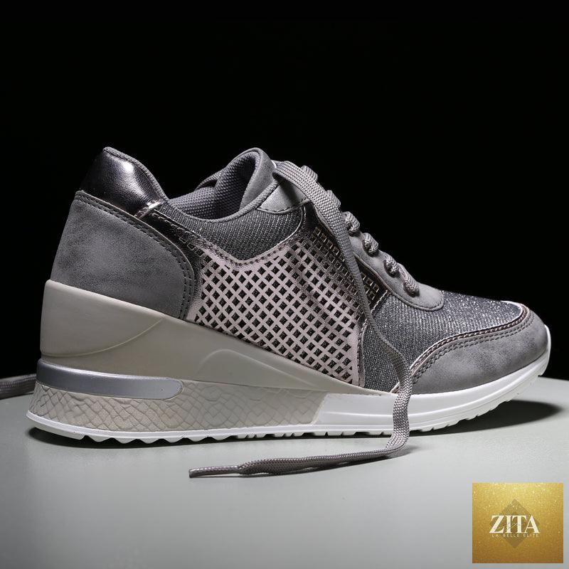 Women’s Stevvex gold and silver walking and jogging sneakers, lightweight, comfortable, with high heels for casual and athletic wear.