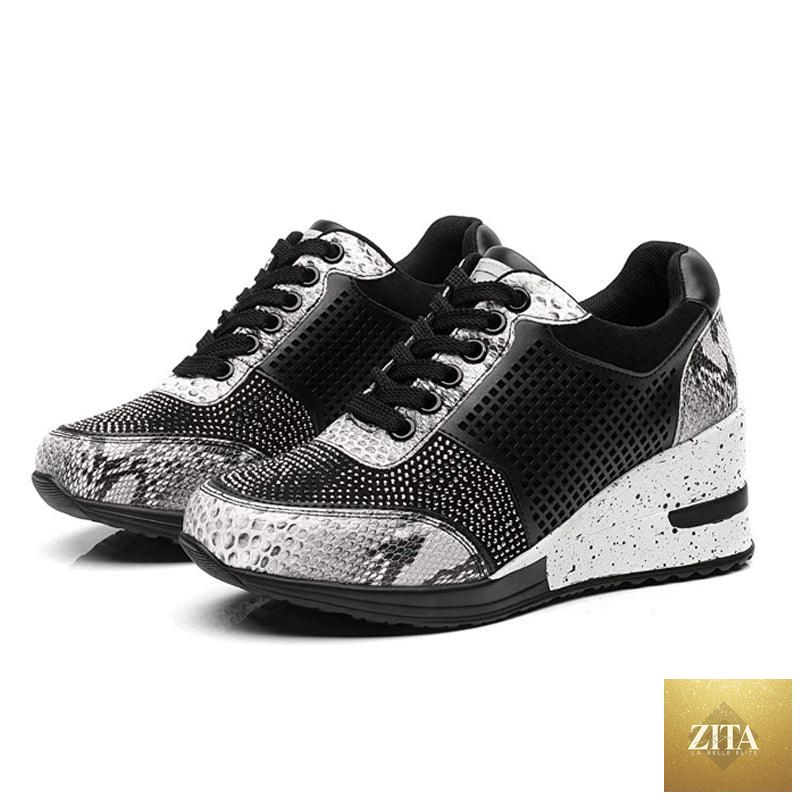 Women’s Stevvex gold and silver walking jogging sneakers with height-increasing design, lightweight, casual, and comfortable for everyday wear.