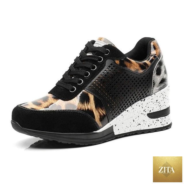 Women’s gold and silver Stevvex walking and jogging sneakers with height-increasing and lightweight casual design.