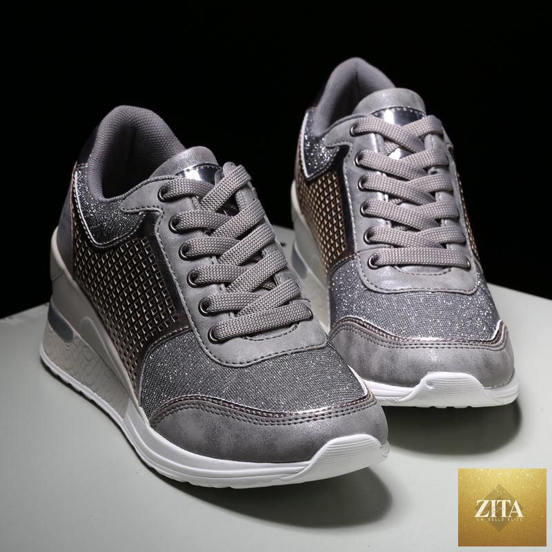 Women’s Stevvex gold and silver lightweight walking and jogging sneakers with height-increasing design and comfortable high heels.