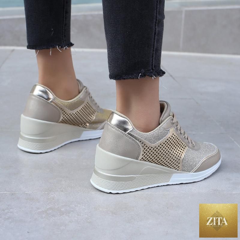 Women’s Stevvex gold and silver height-increasing walking and jogging sneakers, lightweight, comfortable, ideal for casual and sports use.