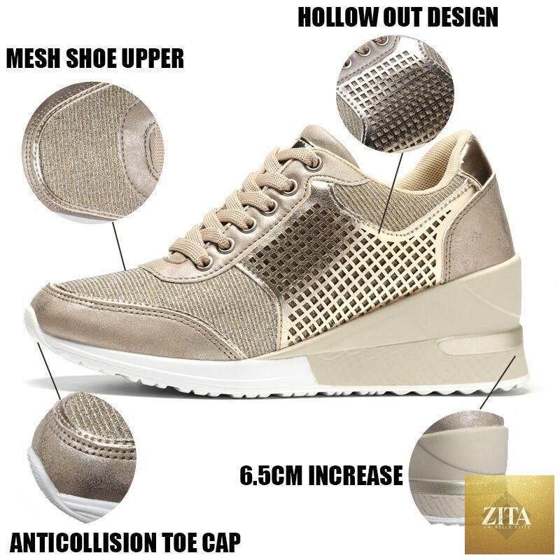 Women’s gold and silver Stevvex walking and jogging sneakers featuring height increase, lightweight design, and comfortable casual style.