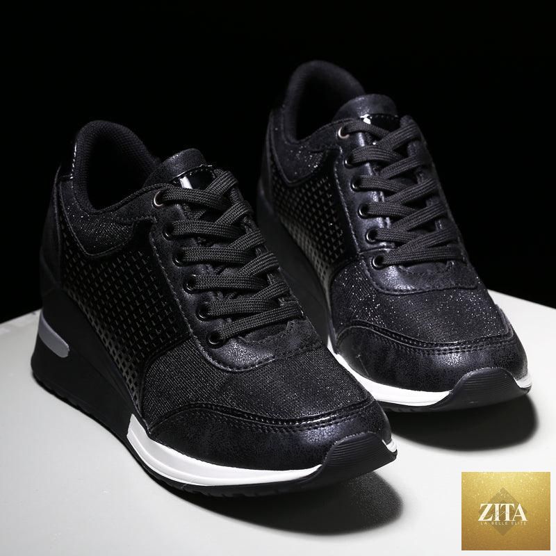 Women wearing Stevvex gold and silver height-increasing jogging sneakers, lightweight casual sport shoes for walking and running.