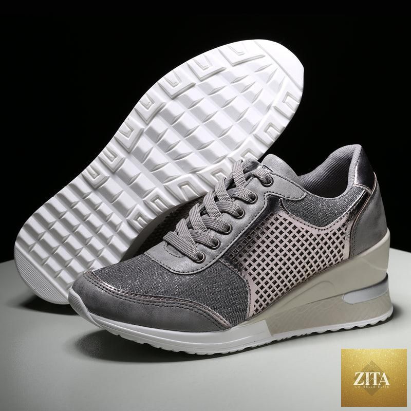 Women’s Stevvex gold and silver lightweight walking and jogging sneakers, stylish with height-increasing and comfortable design.