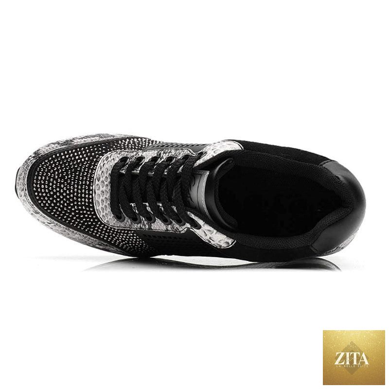 Women’s Stevvex gold and silver height-increasing walking and jogging sneakers, lightweight, casual, with high heels for comfort and style.