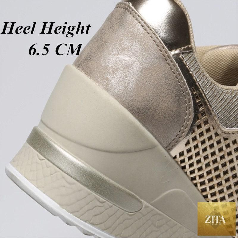 Women’s gold and silver Stevvex walking jogging sneakers with height-increasing support, lightweight and comfortable for casual and athletic wear.