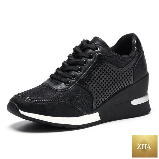 Women’s Stevvex gold and silver walking jogging sneakers with height increase, lightweight casual design, and comfortable sport style.