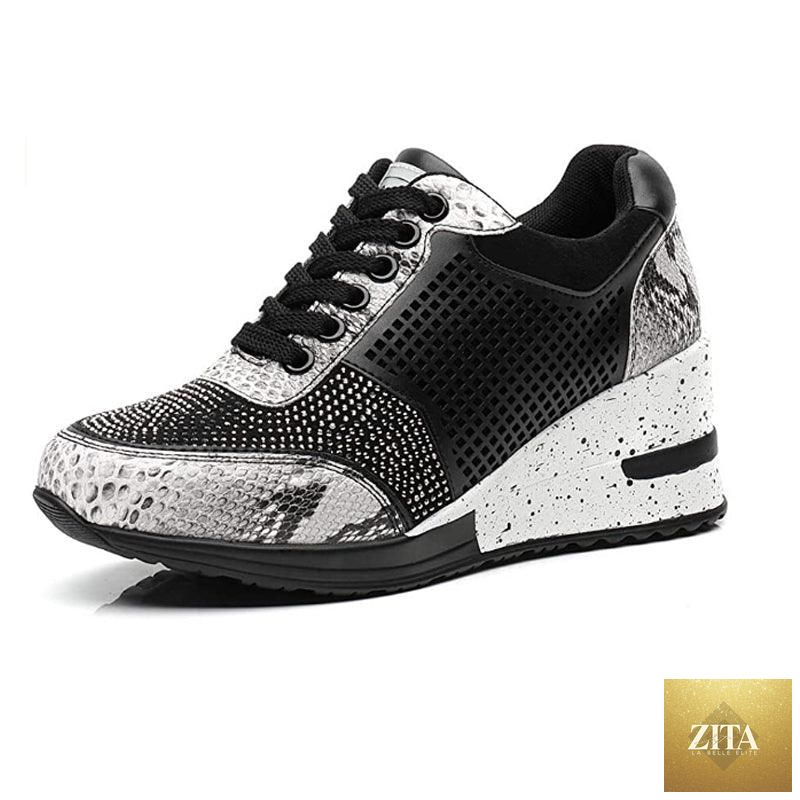 Women’s Stevvex gold and silver height-increasing walking and jogging sneakers, lightweight, comfortable, suitable for casual and sport use.