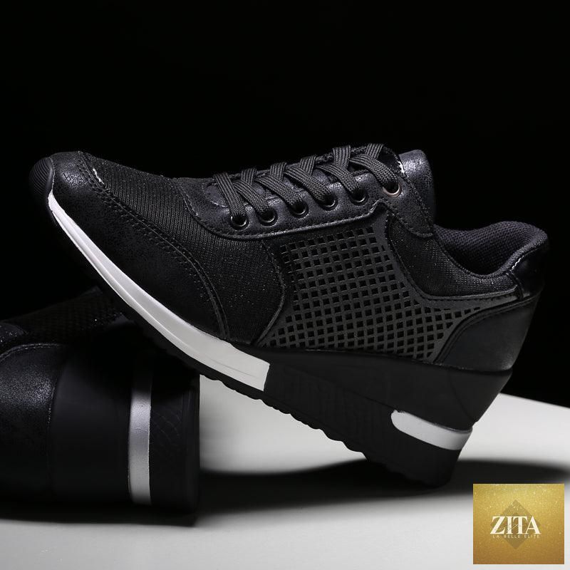Women’s Stevvex gold and silver height-increasing walking and jogging sneakers, lightweight, casual, with comfortable support.