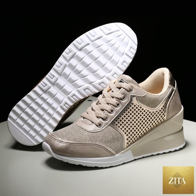 Women’s gold and silver Stevvex walking and jogging sneakers, lightweight casual shoes with height-increasing and comfort features.