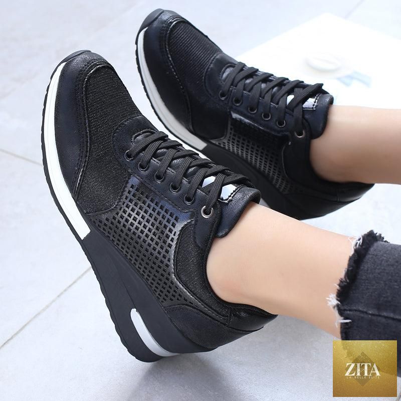 Women’s Stevvex gold and silver walking jogging sneakers with height-increasing design, lightweight, comfortable, suitable for casual and sport use.