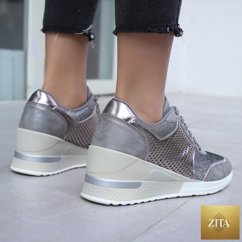 Women’s gold and silver Stevvex walking and jogging sneakers, lightweight and comfortable for casual and everyday wear.