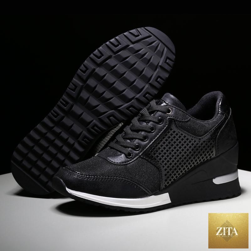 Women’s Stevvex gold and silver height-increasing walking and jogging sneakers, lightweight, casual, with high heels for comfort and style.