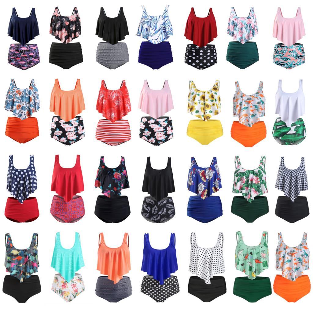 Women High Waist Bikini Plus Size Swimwear Summer Swimsuit Beach Bathing Suit Ruffle Bikini Floral Printed Ruffle High Waist Bikini Set Women's Tummy Control Bathing Suit Swimsuit Flounce Peplum