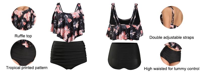 Women High Waist Bikini Plus Size Swimwear Summer Swimsuit Beach Bathing Suit Ruffle Bikini Floral Printed Ruffle High Waist Bikini Set Women's Tummy Control Bathing Suit Swimsuit Flounce Peplum