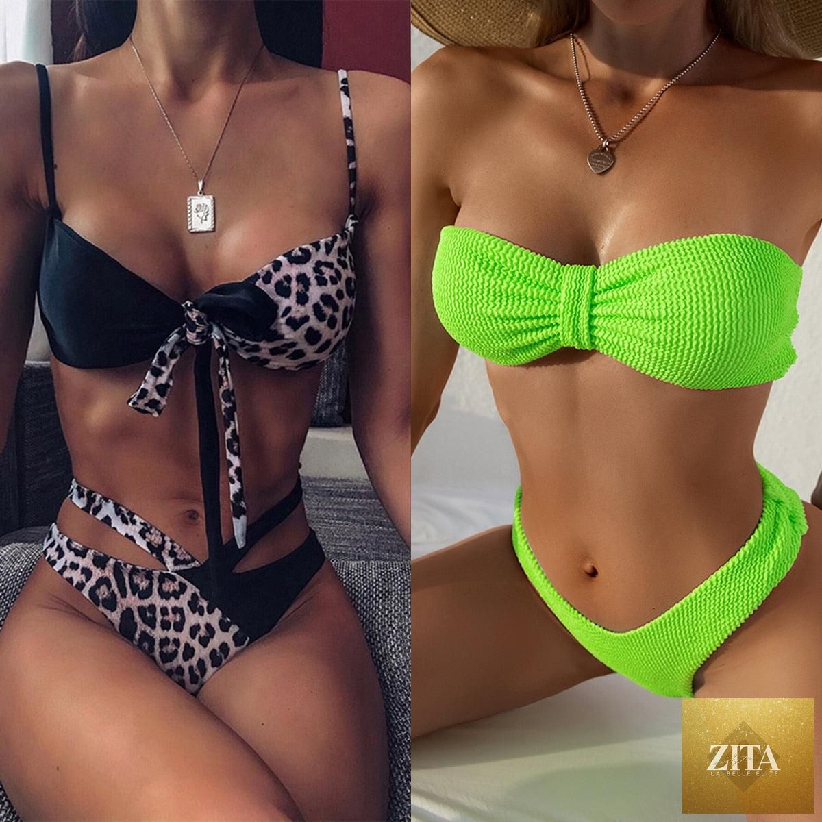 Women’s high-waist bikini set with metal ring cross design, cutout details, tie-back, and thong style, perfect for beachwear.