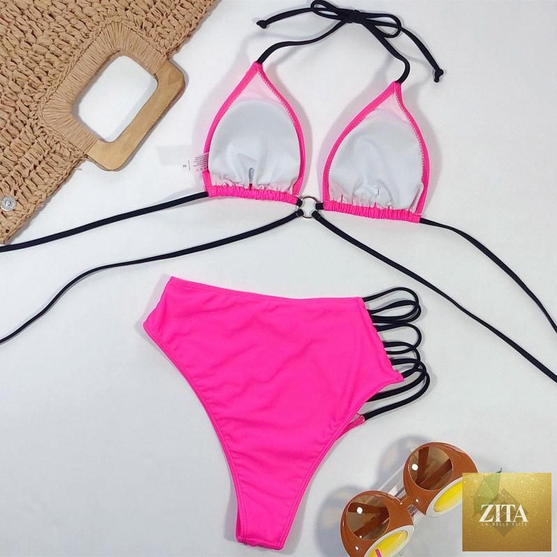 Women’s high-waist bikini set with metal ring cross design, cutout details, tie-back, and thong style, by Stevvex.