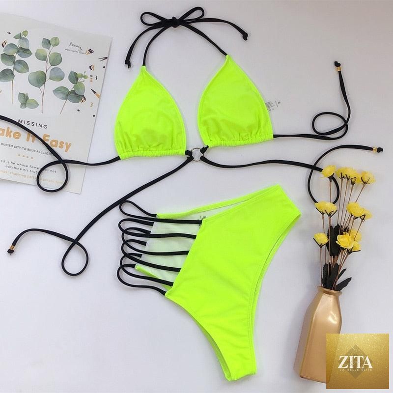 Women wearing Stevvex high-waist bikini with metal rings, cross bandage design, cutouts, and tie back, two-piece swimsuit.