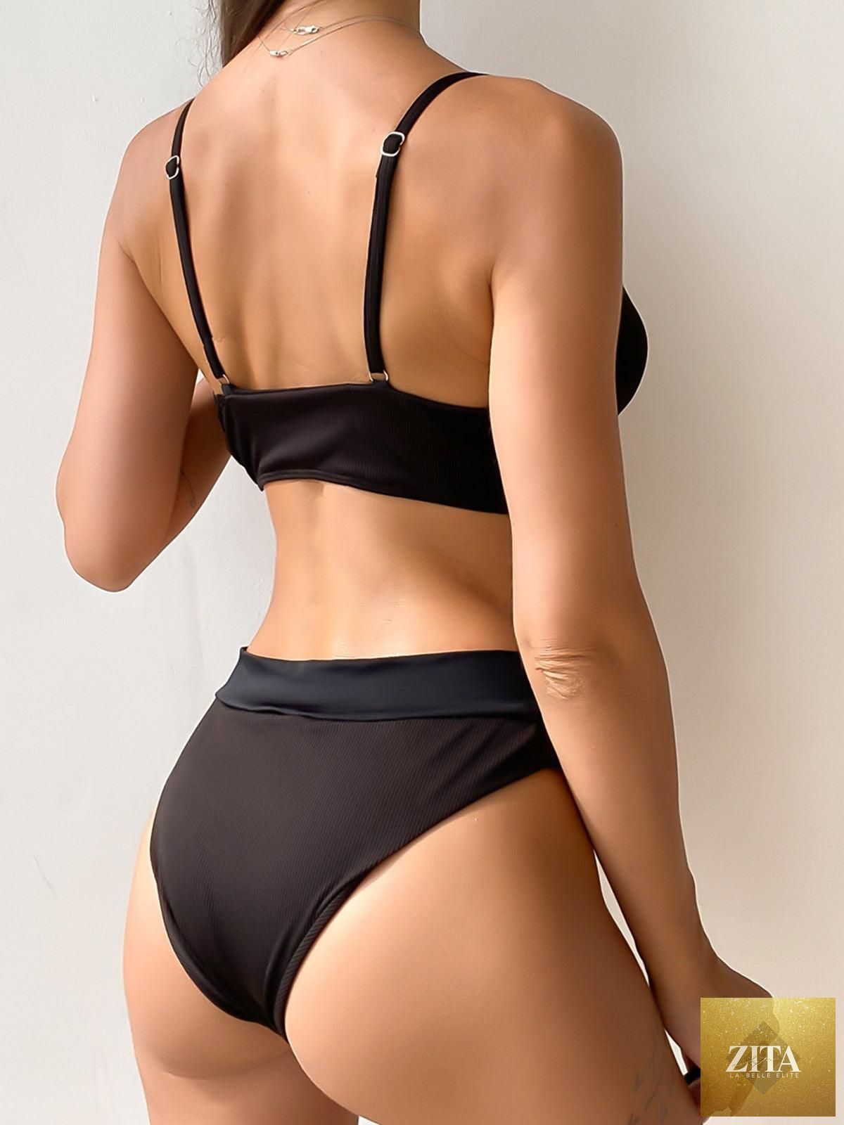 Women’s high waist bikini swimsuit with metal rings, cross straps, cutout design, and tie-back closure, by Stevvex.