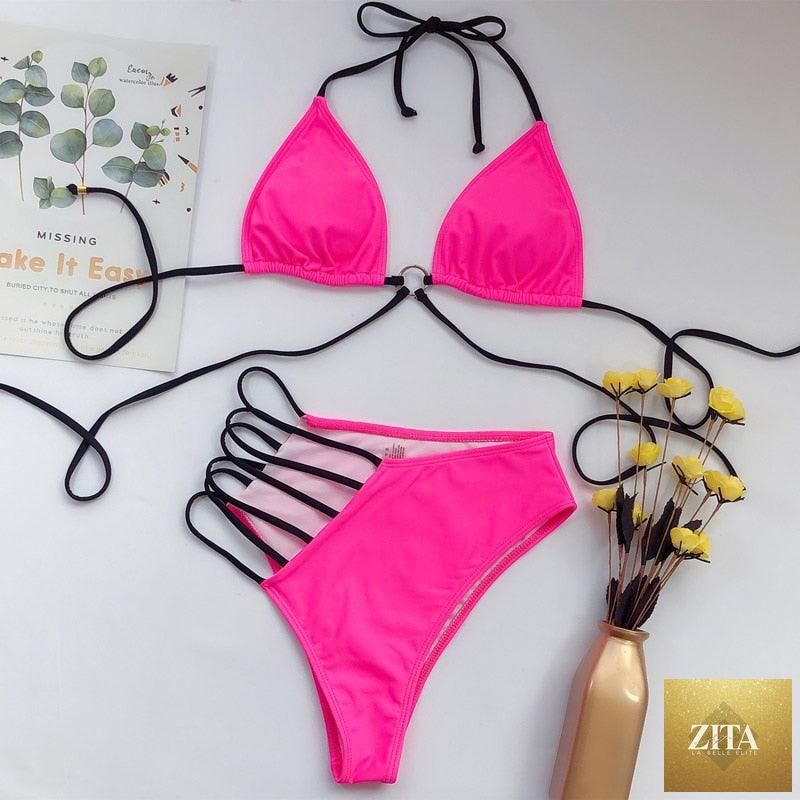 Women’s high waist bikini swimsuit with metal ring cross design, two-piece cutout style, tie-back, and thong bottom by Stevvex.