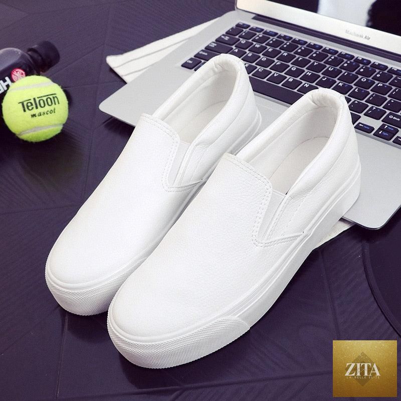 Women Stevvex leather espadrille sneakers with slip-on design, platform sole, casual spring fashion, vulcanized sporty shoes.