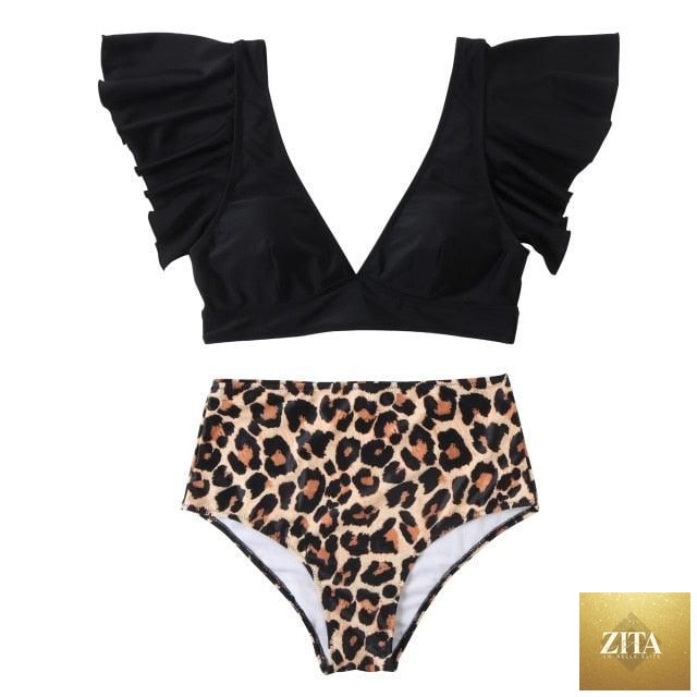 Women’s leopard print bikini by Stevvex featuring a one-shoulder top and high-waist bottom, perfect for summer beachwear.