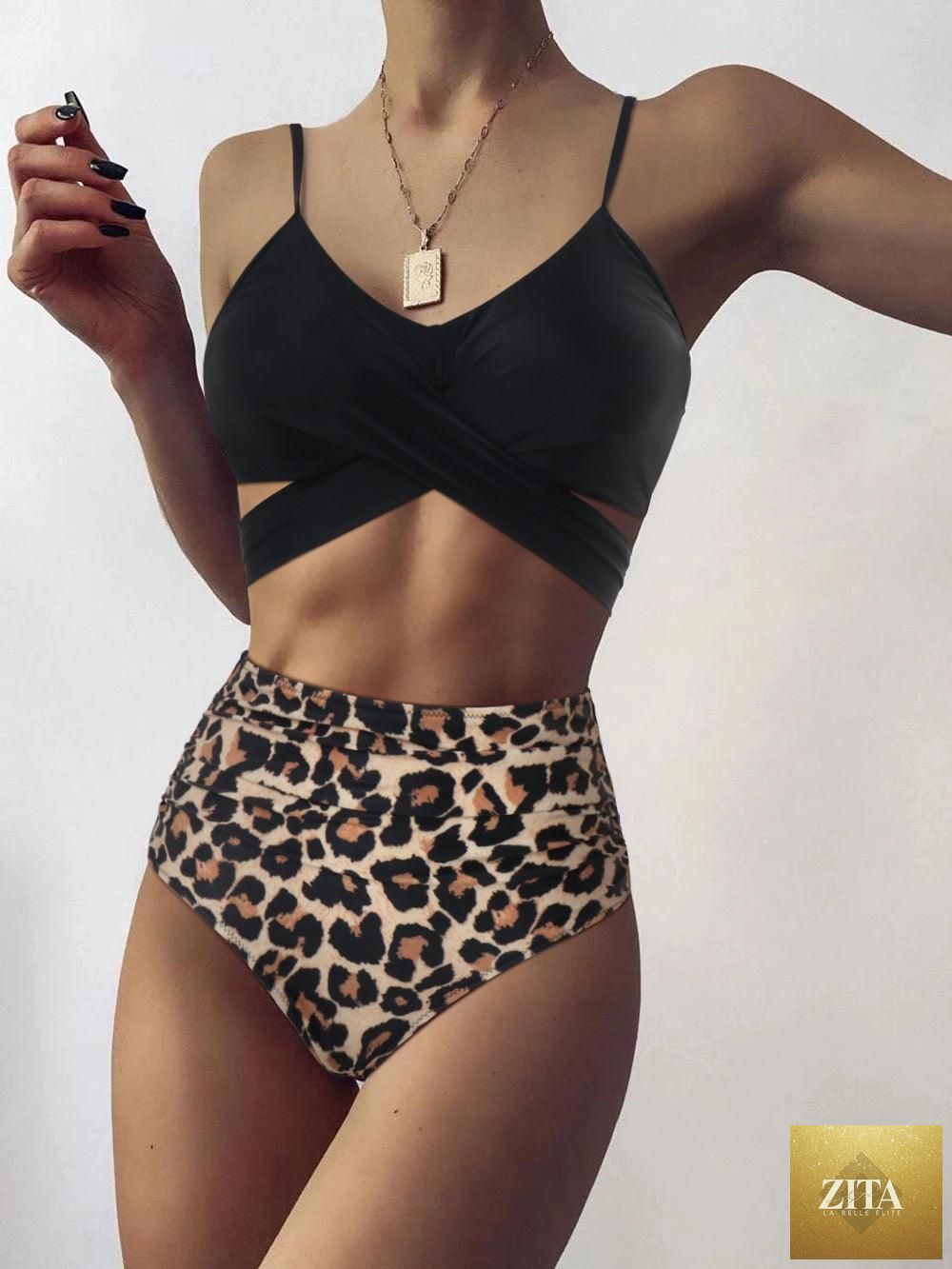 Women’s leopard print bikini by Stevvex, one-shoulder top, high waist bottoms, push-up style, perfect for summer beachwear.