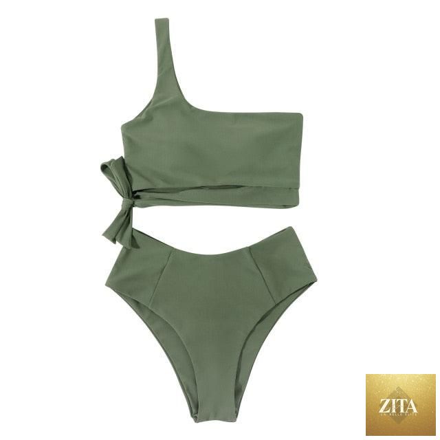 Women’s leopard print bikini set with one-shoulder top and high-waist bottoms, featuring push-up style for summer beachwear.