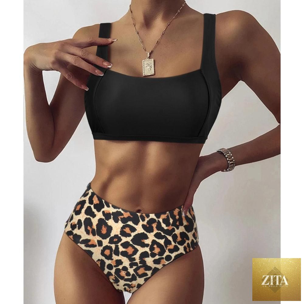 Women’s leopard print bikini by Stevvex, one-shoulder top with high-waist bottom, stylish summer beachwear and push-up swimsuit.