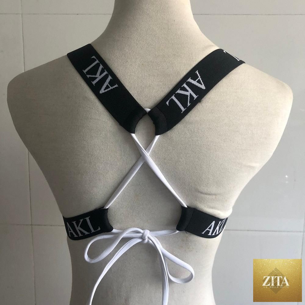 Women’s luxury black and white push-up bikini swimsuit with lace-up design, halter bandage style, letter print, summer swimwear by Stevvex.