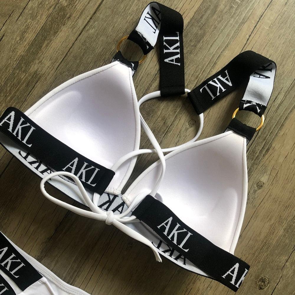 Women Luxury Black White Swimwear Women's Swimming Suit Push Up Bikini Lace Up Bikinis Women Swimsuit Women's Bathing Suits Push Up Halter Bandage Bikini Letter Printing Mini Summer Bikini Set