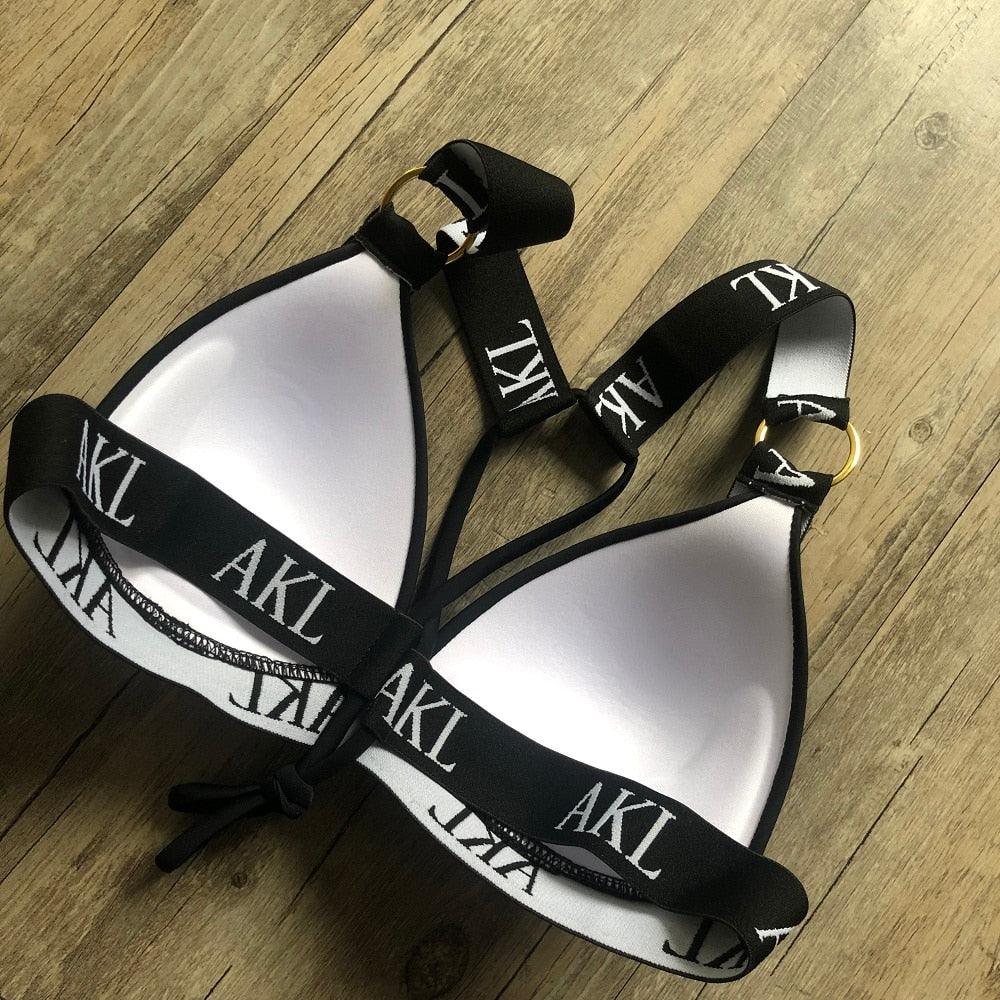 Women Luxury Black White Swimwear Women's Swimming Suit Push Up Bikini Lace Up Bikinis Women Swimsuit Women's Bathing Suits Push Up Halter Bandage Bikini Letter Printing Mini Summer Bikini Set