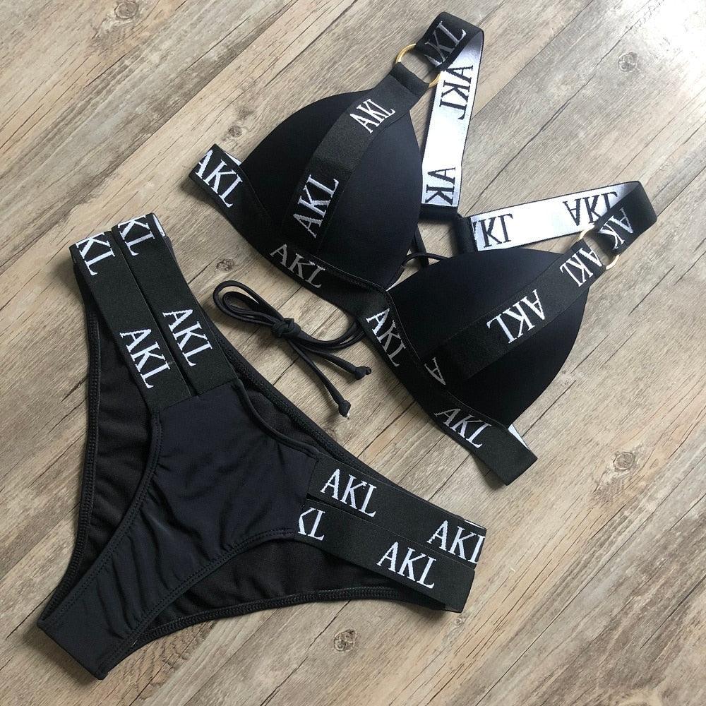 Women Luxury Black White Swimwear Women's Swimming Suit Push Up Bikini Lace Up Bikinis Women Swimsuit Women's Bathing Suits Push Up Halter Bandage Bikini Letter Printing Mini Summer Bikini Set