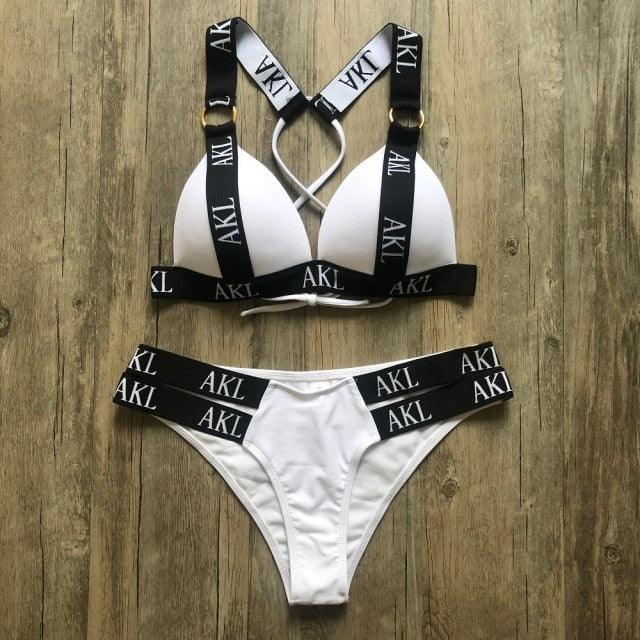 Women Luxury Black White Swimwear Women's Swimming Suit Push Up Bikini Lace Up Bikinis Women Swimsuit Women's Bathing Suits Push Up Halter Bandage Bikini Letter Printing Mini Summer Bikini Set