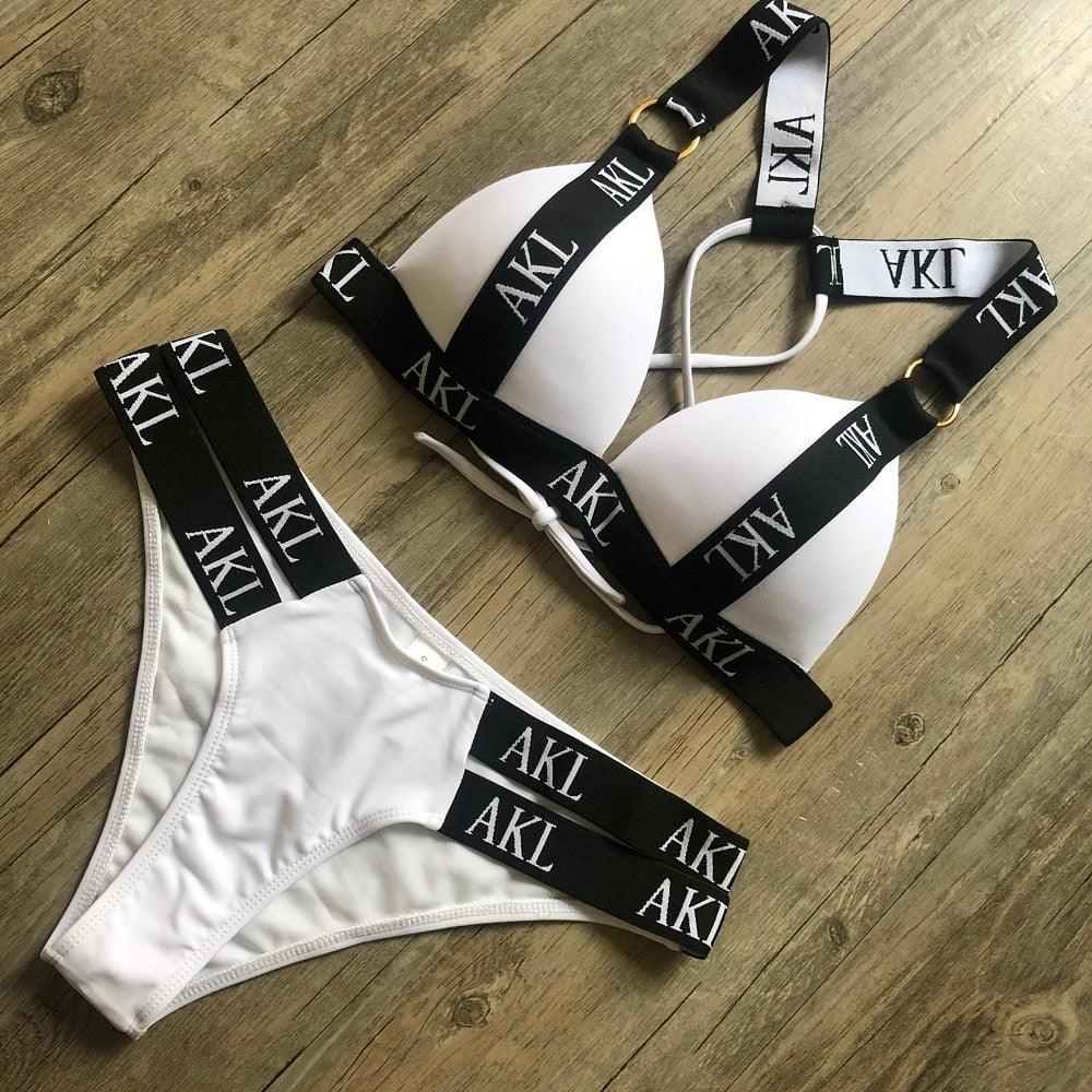 Women Luxury Black White Swimwear Women's Swimming Suit Push Up Bikini Lace Up Bikinis Women Swimsuit Women's Bathing Suits Push Up Halter Bandage Bikini Letter Printing Mini Summer Bikini Set