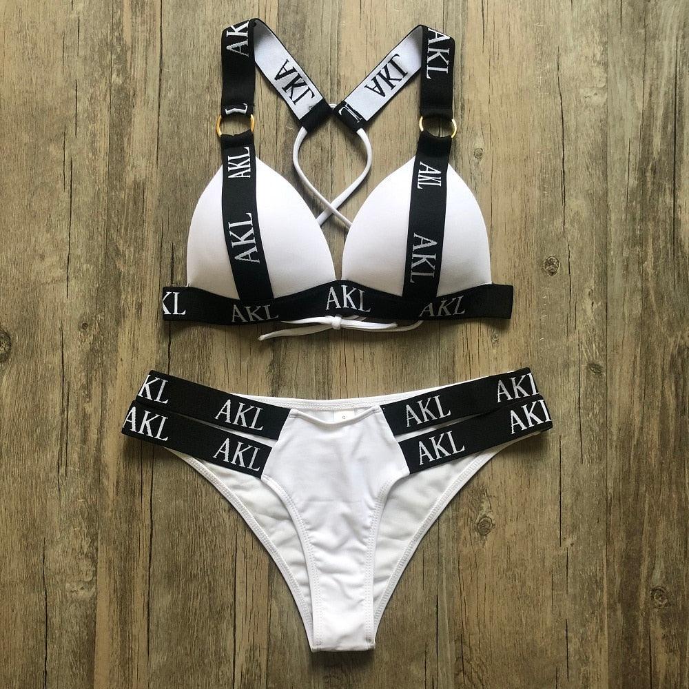 Women Luxury Black White Swimwear Women's Swimming Suit Push Up Bikini Lace Up Bikinis Women Swimsuit Women's Bathing Suits Push Up Halter Bandage Bikini Letter Printing Mini Summer Bikini Set