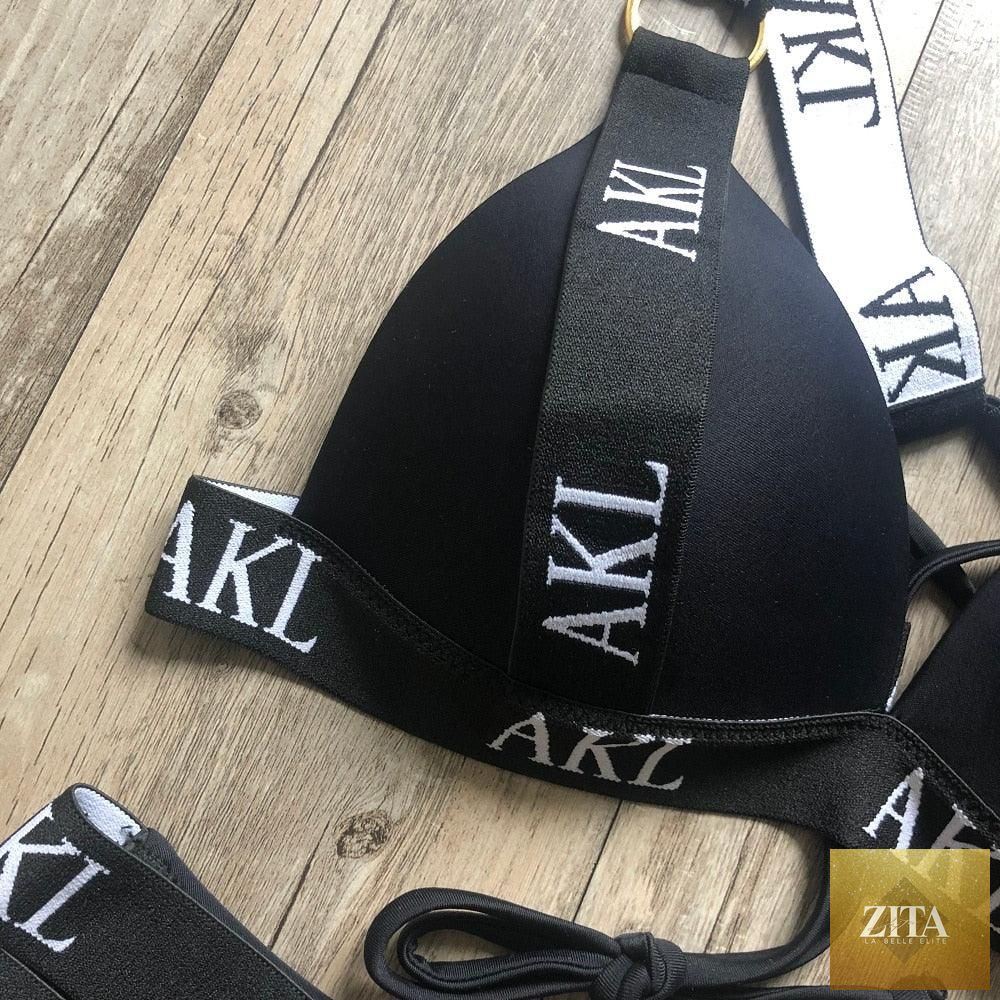 Women Stevvex luxury black and white swimwear with push-up bikini, lace-up design, halter bandage, letter printing, suitable for summer.