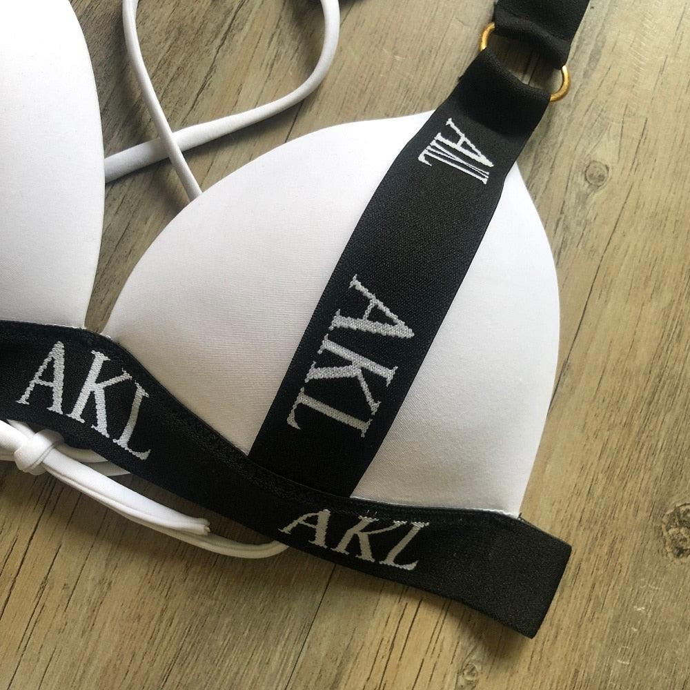 Women Luxury Black White Swimwear Women's Swimming Suit Push Up Bikini Lace Up Bikinis Women Swimsuit Women's Bathing Suits Push Up Halter Bandage Bikini Letter Printing Mini Summer Bikini Set