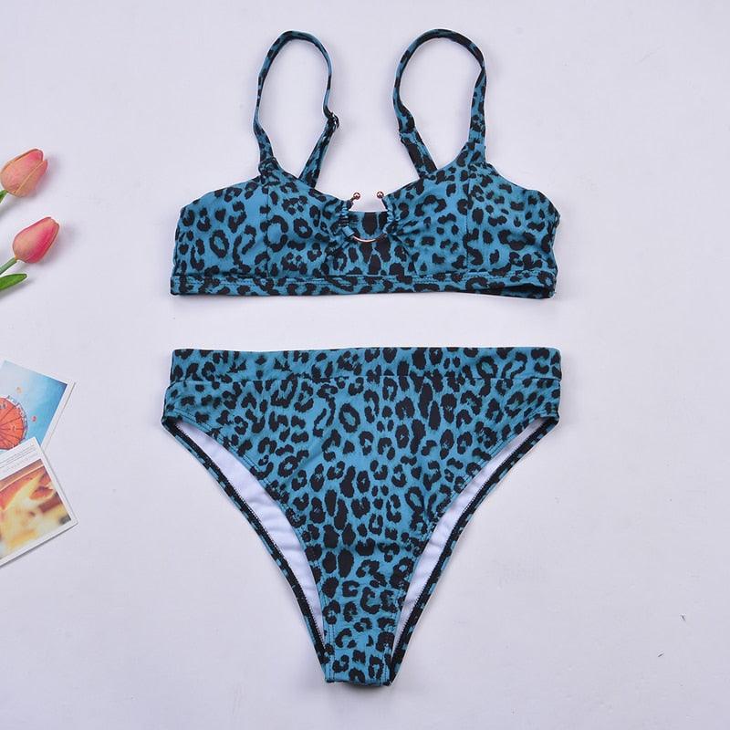 Women Luxury Leopard High Waist Bikini Swimsuit Women's Push Up Bra Tie Side Cutout Bikini Set High Cut Padded Solid Bating Suit Swimwear Female Bikini Set Bathing Suit