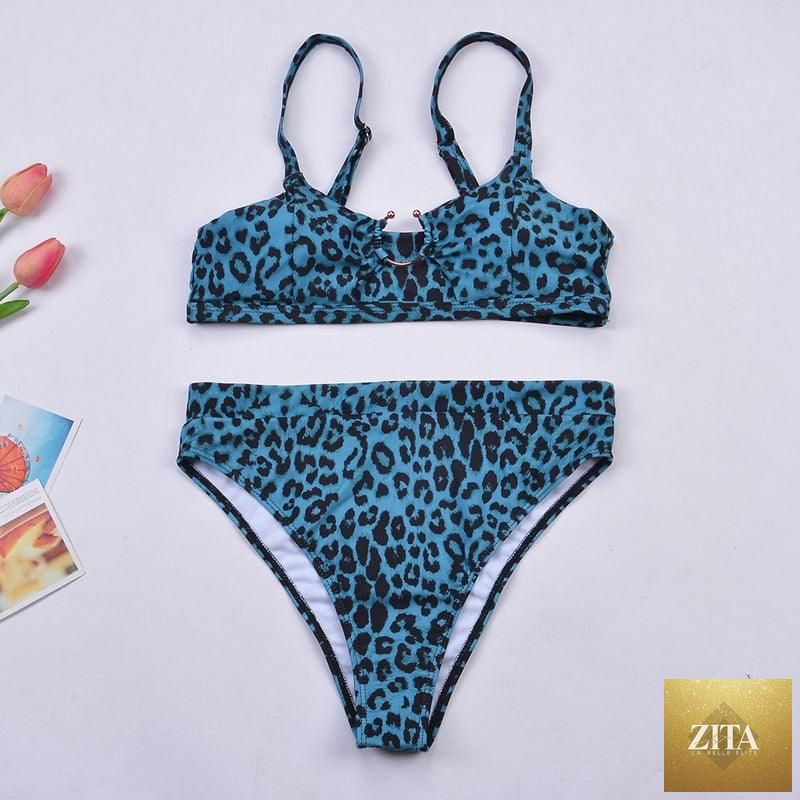 Women wearing Stevvex luxury leopard high waist bikini with push-up bra, tie sides, cutout design, and high-cut padded swimwear.