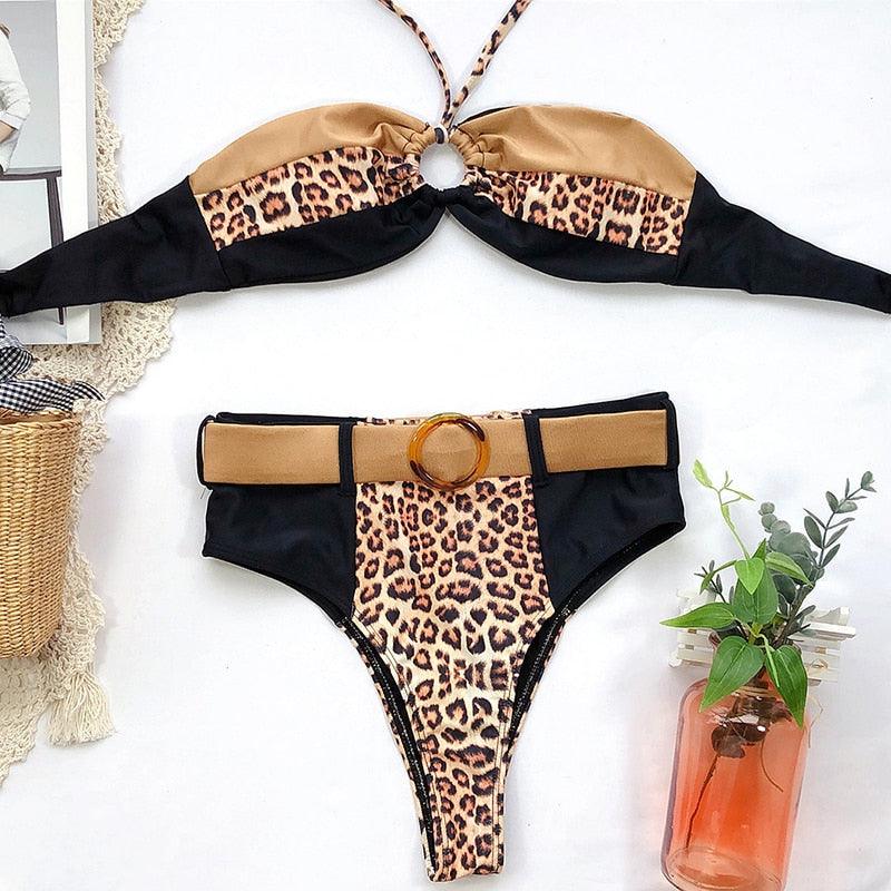 Women Luxury Leopard High Waist Bikini Swimsuit Women's Push Up Bra Tie Side Cutout Bikini Set High Cut Padded Solid Bating Suit Swimwear Female Bikini Set Bathing Suit