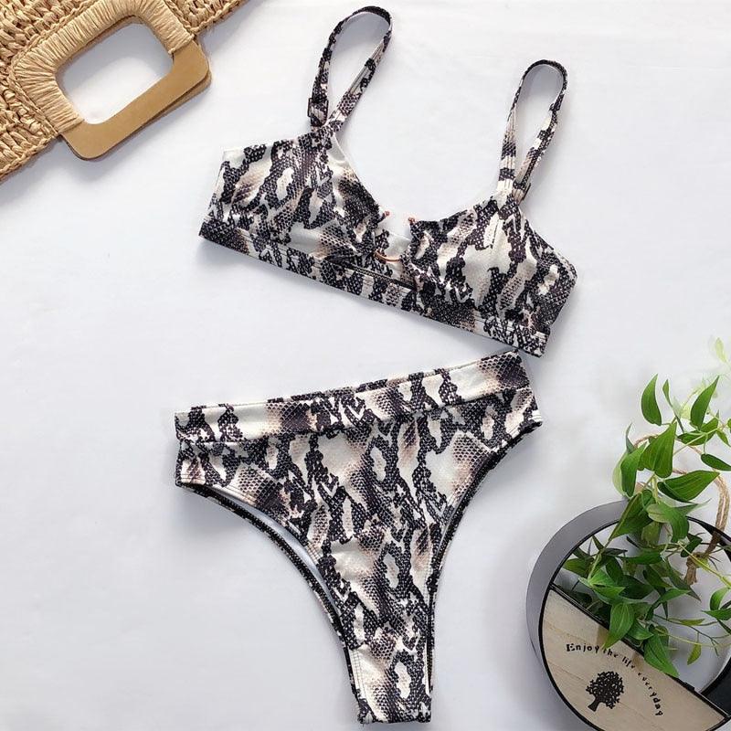 Women Luxury Leopard High Waist Bikini Swimsuit Women's Push Up Bra Tie Side Cutout Bikini Set High Cut Padded Solid Bating Suit Swimwear Female Bikini Set Bathing Suit