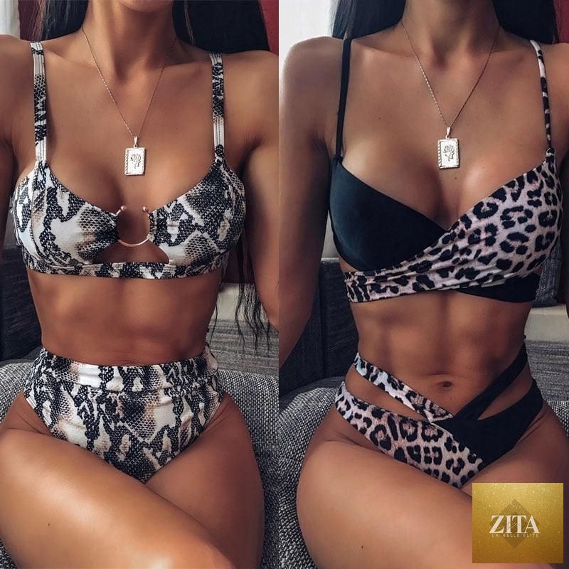 Women wearing Stevvex luxury leopard high waist bikini with tie sides, cutout design, padded cups, and high-cut style for swimming.