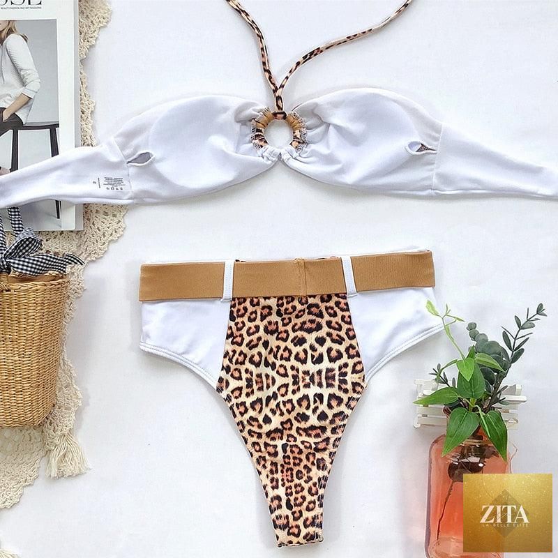 Women wearing Stevvex luxury leopard high waist bikini with push-up bra, tie sides, cutout details, and high-cut padded swimwear.