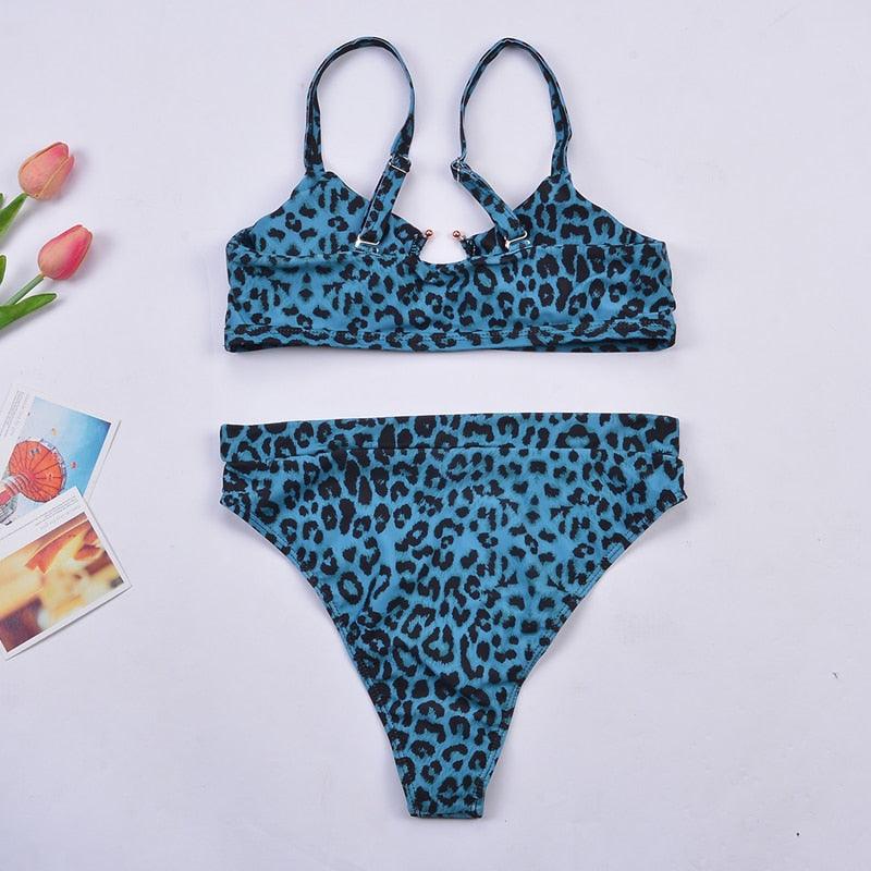 Women Luxury Leopard High Waist Bikini Swimsuit Women's Push Up Bra Tie Side Cutout Bikini Set High Cut Padded Solid Bating Suit Swimwear Female Bikini Set Bathing Suit