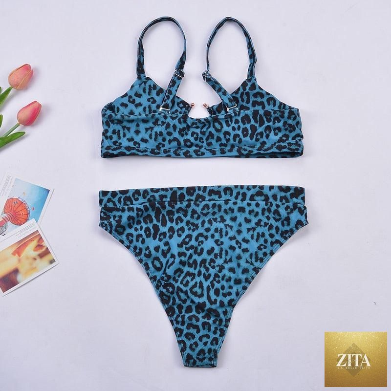 Women wearing Stevvex luxury leopard high waist bikini with push-up bra, tie sides, cutout design, and high-cut padded swimwear.