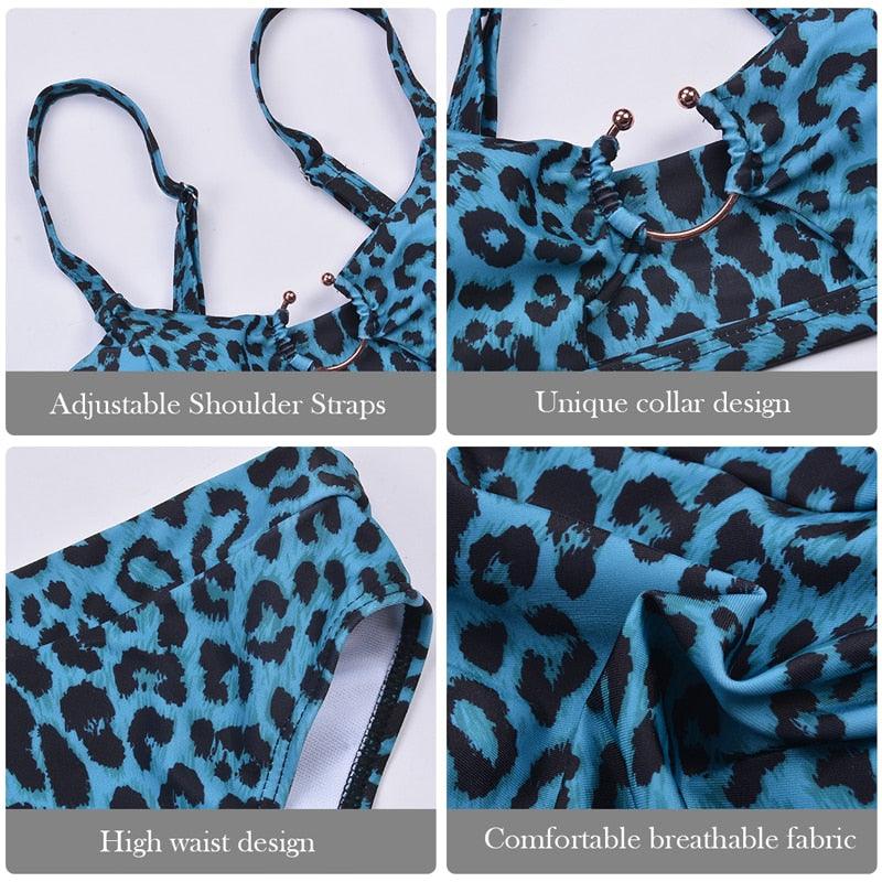 Women Luxury Leopard High Waist Bikini Swimsuit Women's Push Up Bra Tie Side Cutout Bikini Set High Cut Padded Solid Bating Suit Swimwear Female Bikini Set Bathing Suit